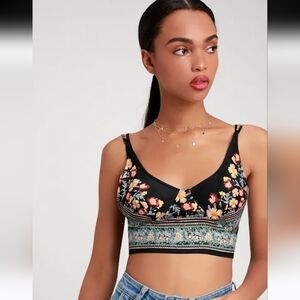 Free People Day To Night Black Floral Print Brami Top Size XS